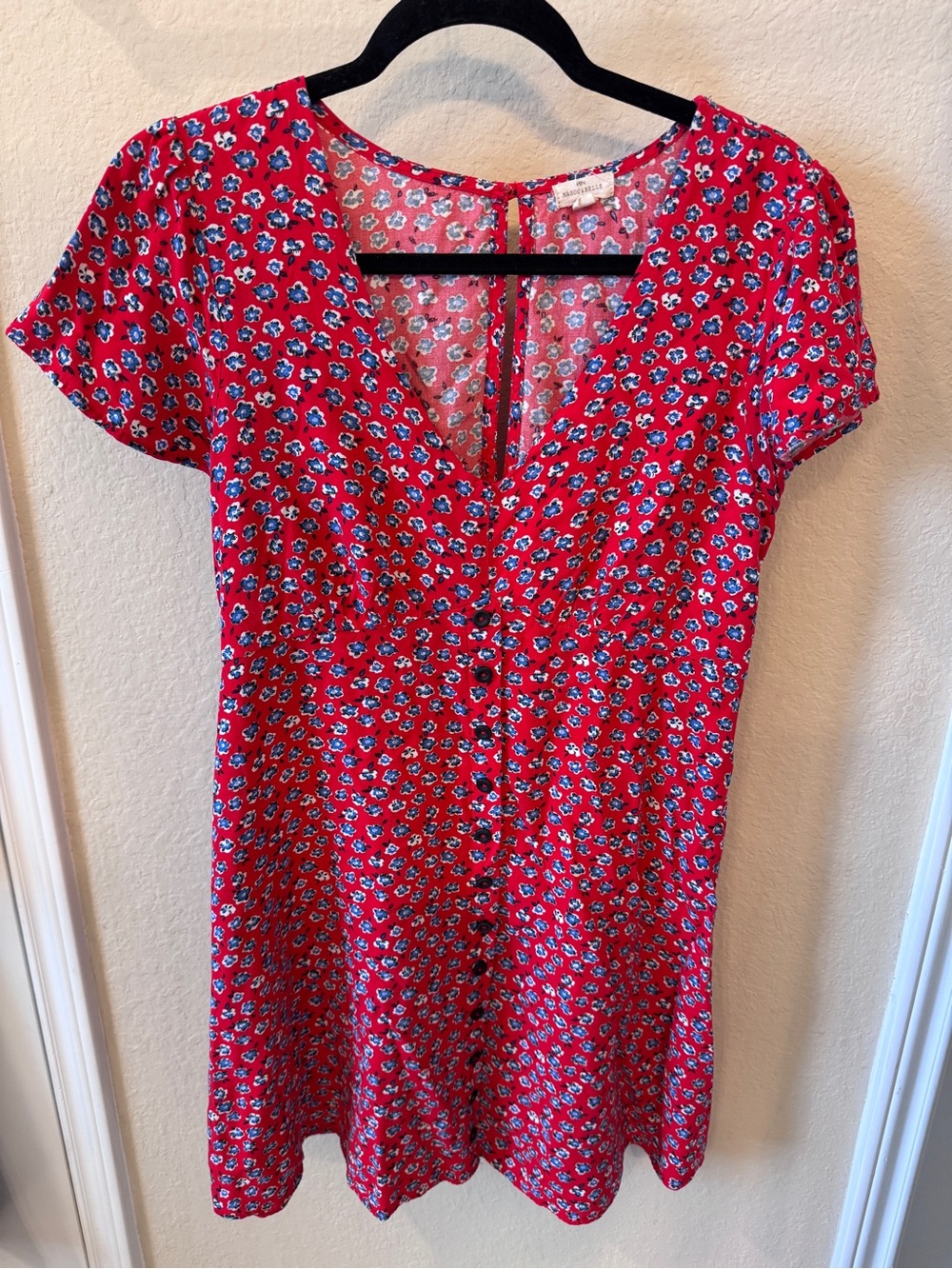 Red Floral V-Neck Mini Dress with Front Buttons